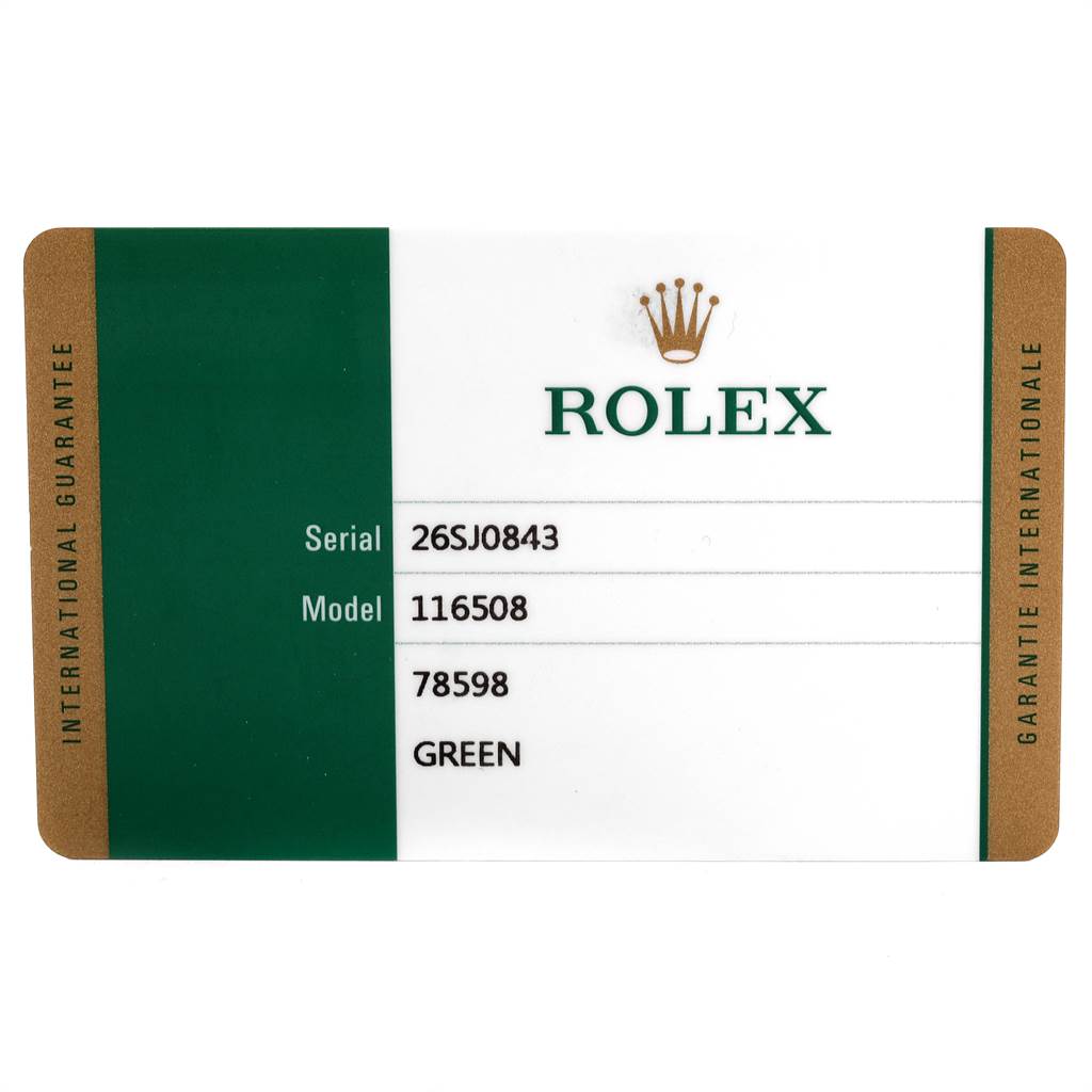 This image shows an international guarantee card for the Rolex Daytona 116508 Men's Yellow Gold Green Dial 116508 Men's Yellow Gold Green Dial model.