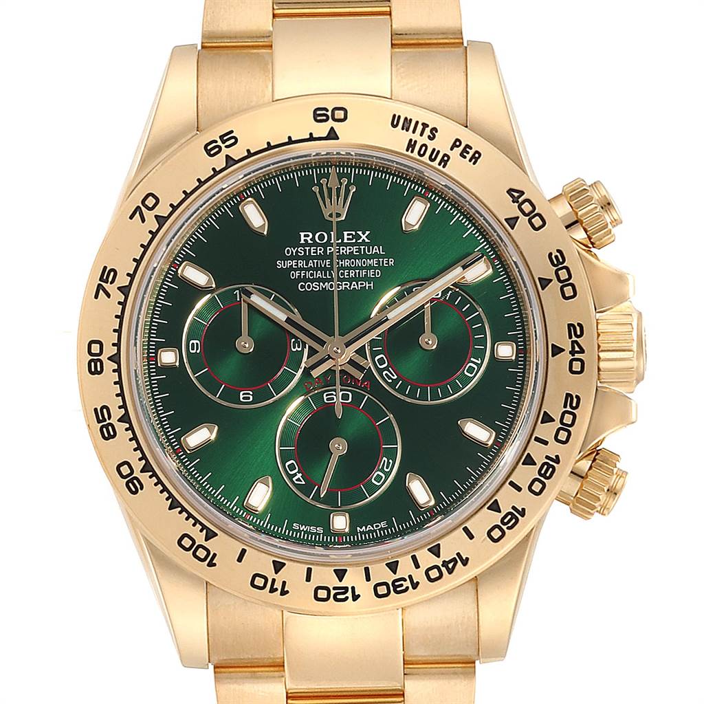 The image shows a Rolex Daytona 116508 Men's Yellow Gold Green Dial 116508 Men's Yellow Gold Green Dial watch from a frontal angle, highlighting the gold case, green dial, and subdials.