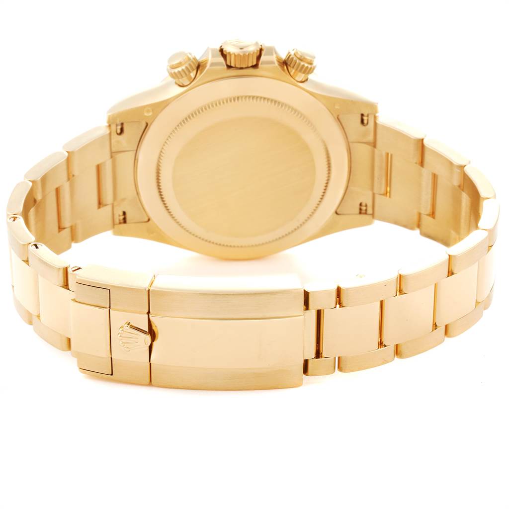 The image shows the back view of a Rolex Daytona 116508 Men's Yellow Gold Green Dial 116508 Men's Yellow Gold Green Dial watch, focusing on the bracelet, clasp, and caseback.