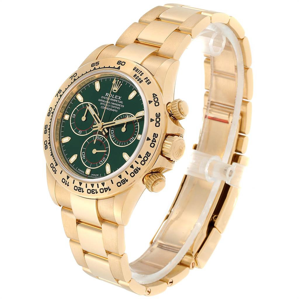 The Rolex Daytona 116508 Men's Yellow Gold Green Dial 116508 Men's Yellow Gold Green Dial watch is shown at a slight angle, highlighting its gold bracelet, crown, and green dial with subdials.