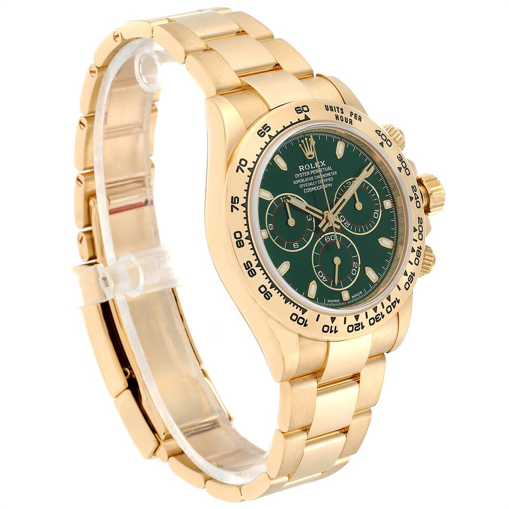 This image shows a side angle of a Rolex Daytona 116508 Men's Yellow Gold Green Dial 116508 Men's Yellow Gold Green Dial watch, highlighting its gold case, green dial, and bracelet.