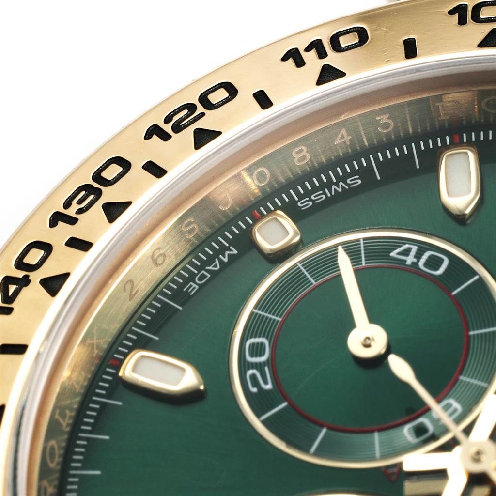 The image shows a close-up view of the dial and bezel of a Rolex Daytona 116508 Men's Yellow Gold Green Dial 116508 Men's Yellow Gold Green Dial watch.