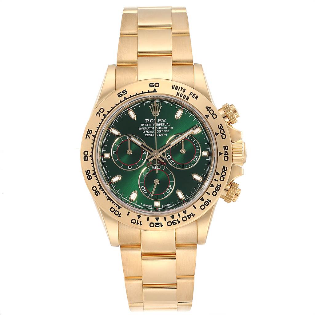 The image shows a front view of a Rolex Daytona 116508 Men's Yellow Gold Green Dial 116508 Men's Yellow Gold Green Dial model watch with a green dial and gold bracelet.
