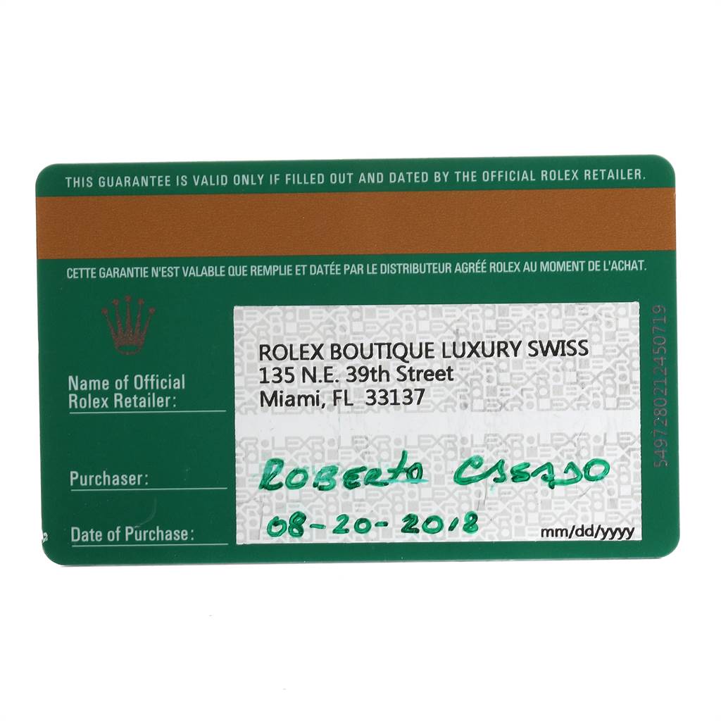 This is a warranty card for a Rolex Daytona 116508 Men's Yellow Gold Green Dial 116508 Men's Yellow Gold Green Dial watch, including details like the retailer's information and date of purchase.