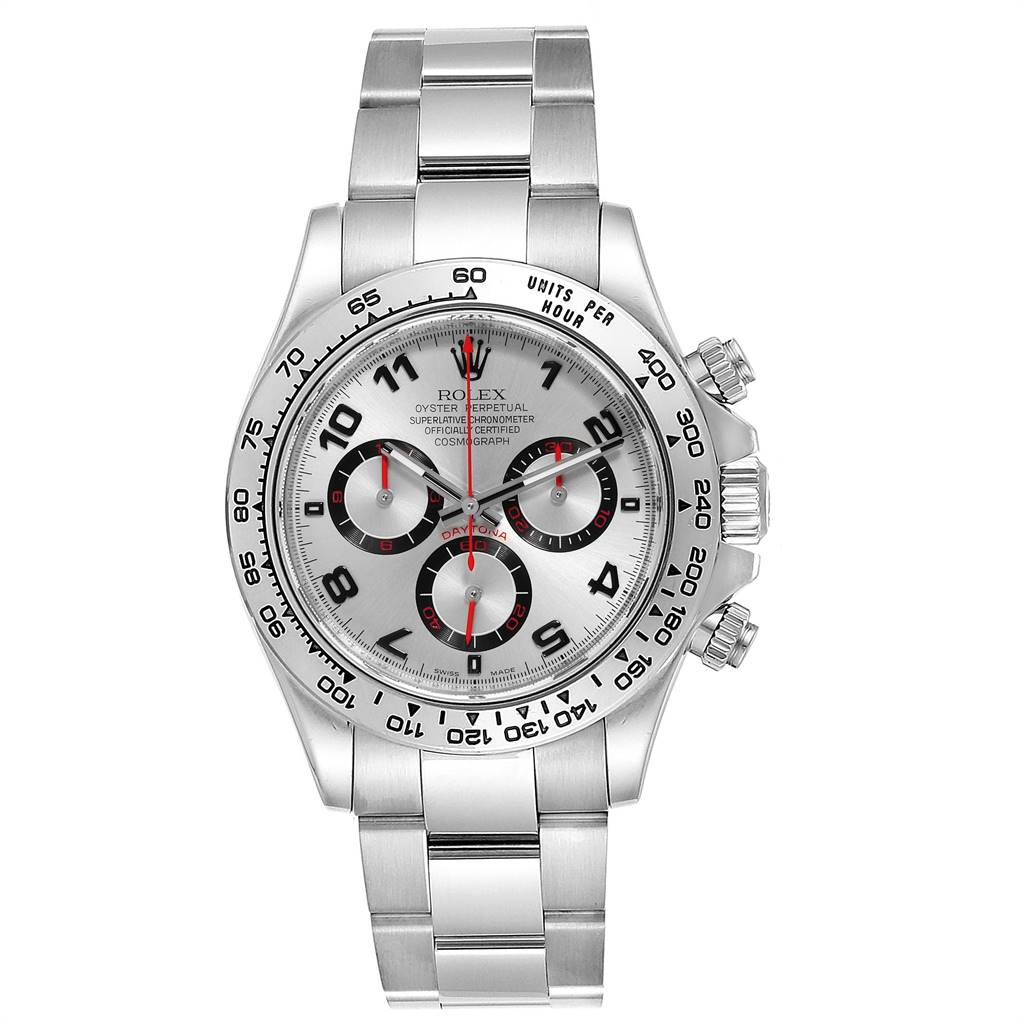 This image shows a front view of the Rolex Daytona 116509 Men's White Gold Silver Dial 116509 Men's White Gold Silver Dial watch, featuring its dial, bezel, pushers, and bracelet.