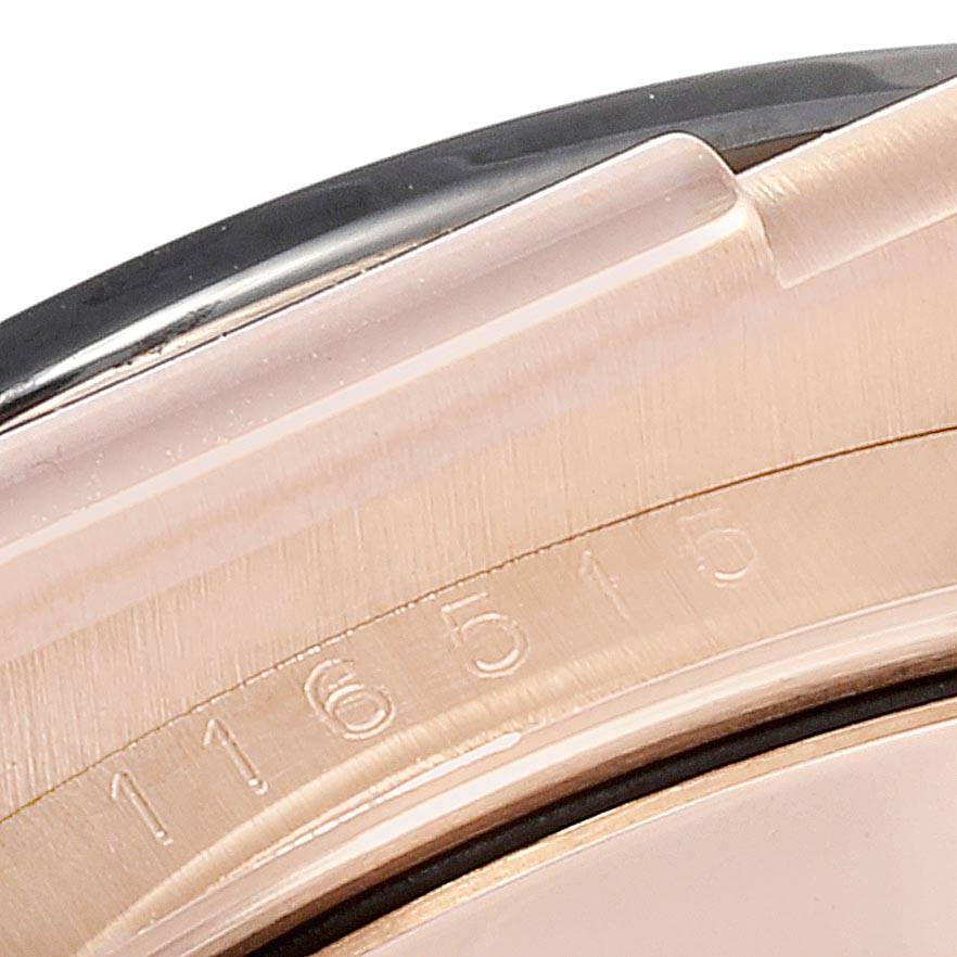 This close-up image shows the case side and part of the bezel of a Rolex Daytona 116515LN Men's Rose Gold Silver Dial 116515LN Men's Rose Gold Silver Dial model watch, displaying its engraved model number 116515.