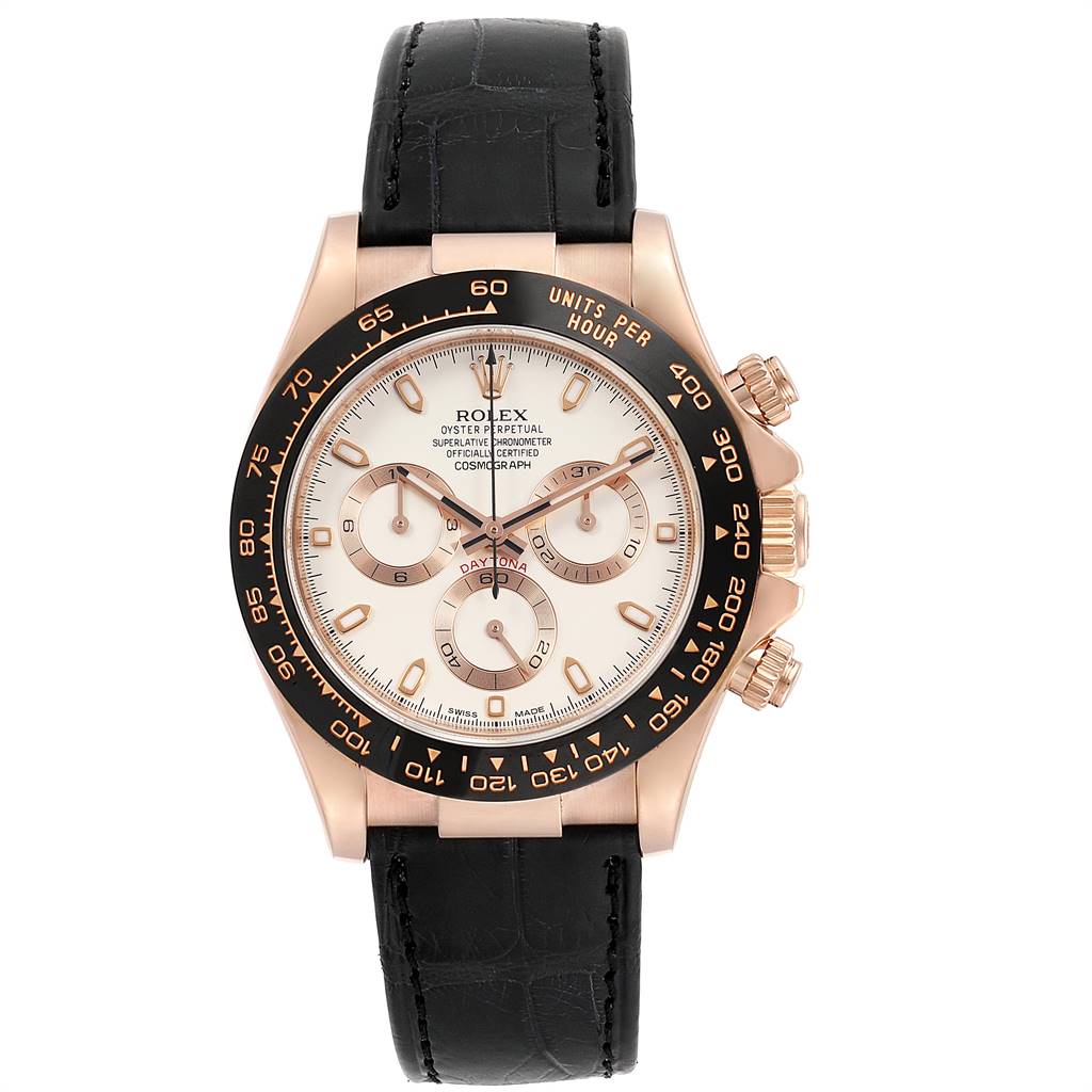 The image shows a front view of a Rolex Daytona 116515LN Men's Rose Gold Silver Dial 116515LN Men's Rose Gold Silver Dial watch, showcasing its dial, bezel, and strap.
