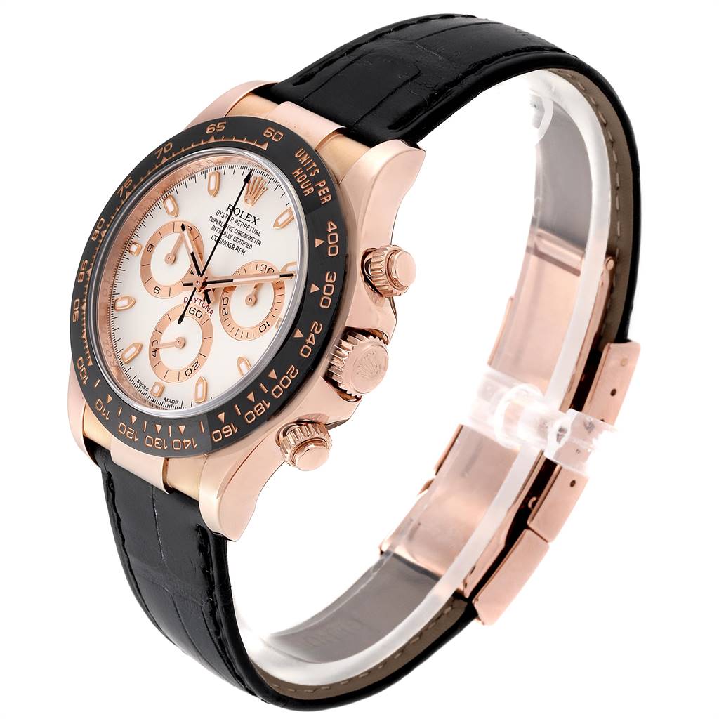 This image shows a side angle of a Rolex Daytona 116515LN Men's Rose Gold Silver Dial 116515LN Men's Rose Gold Silver Dial watch, highlighting the bezel, dial, crown, pushers, and leather strap.