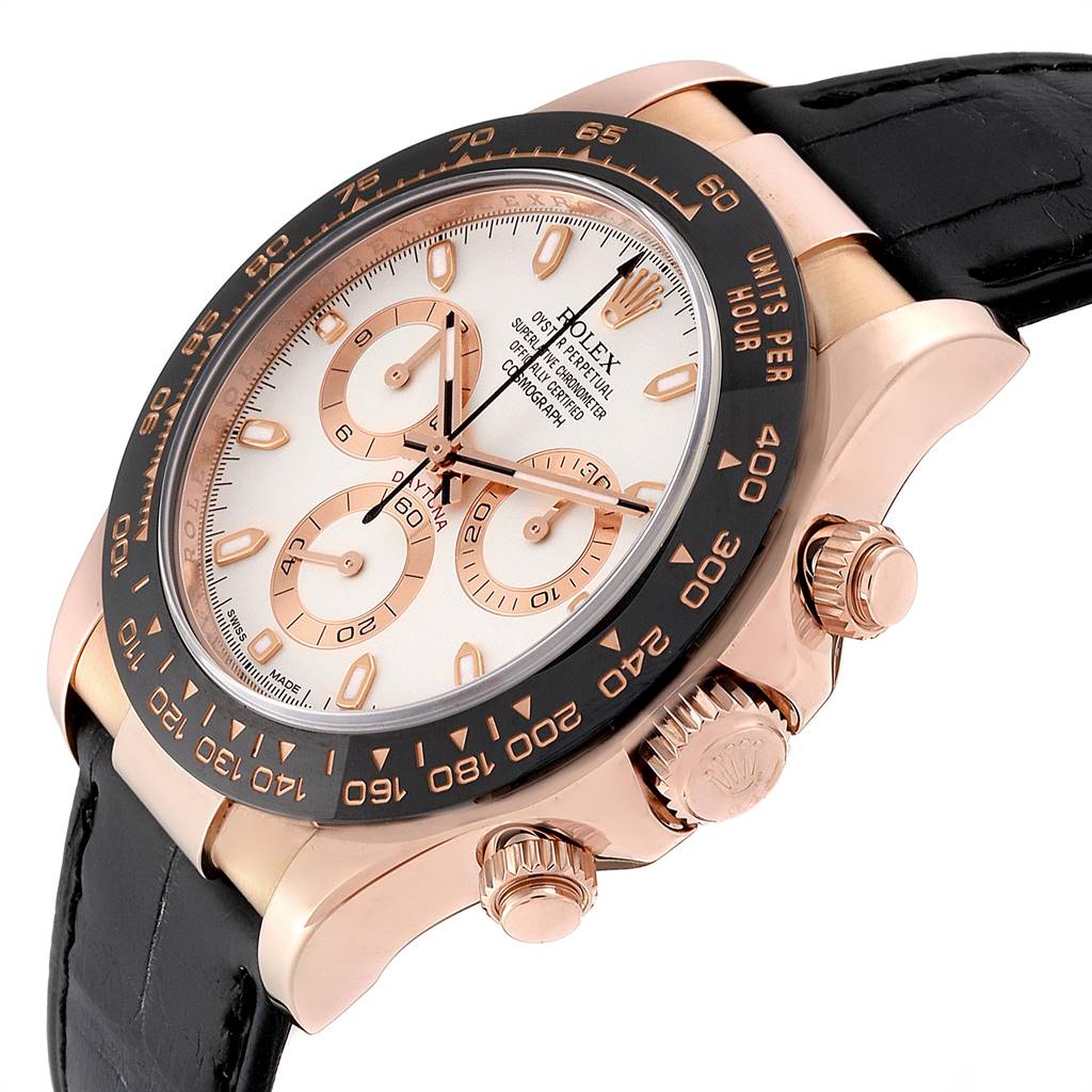 This image shows a side-angle view of a Rolex Daytona 116515LN Men's Rose Gold Silver Dial 116515LN Men's Rose Gold Silver Dial watch, highlighting the dial, bezel, pushers, crown, and strap.