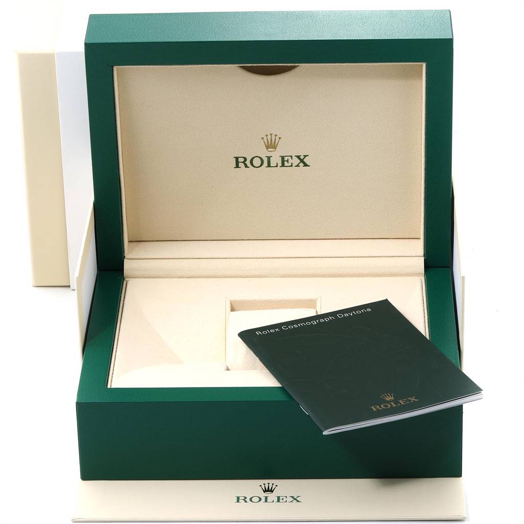 The image shows an open Rolex Daytona 116515LN Men's Rose Gold Silver Dial 116515LN Men's Rose Gold Silver Dial watch box with accompanying booklet.