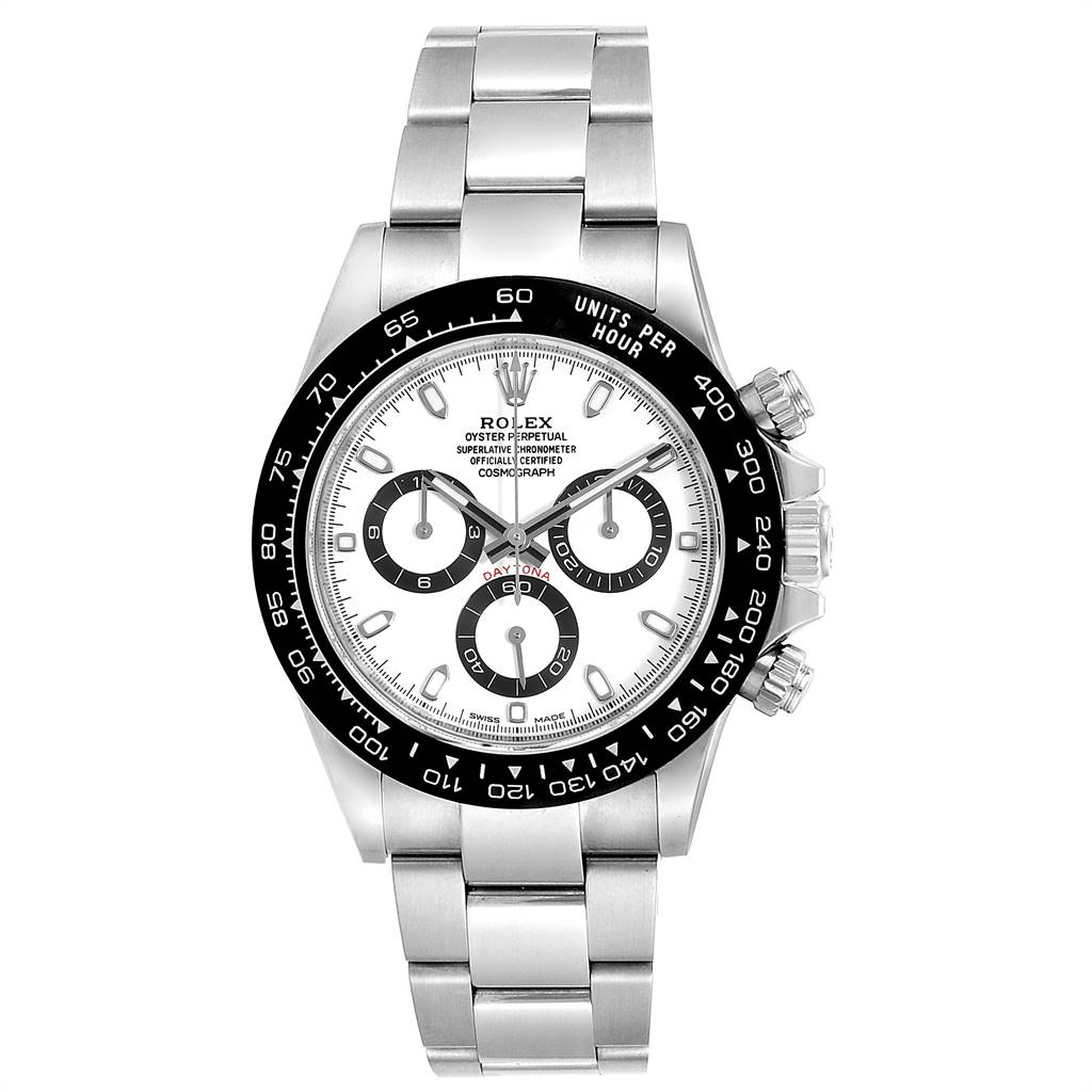 The image shows a front view of the Rolex Daytona 116500 Men's Stainless Steel White Dial 116500 Men's Stainless Steel White Dial watch, highlighting the bezel, dial, and bracelet.