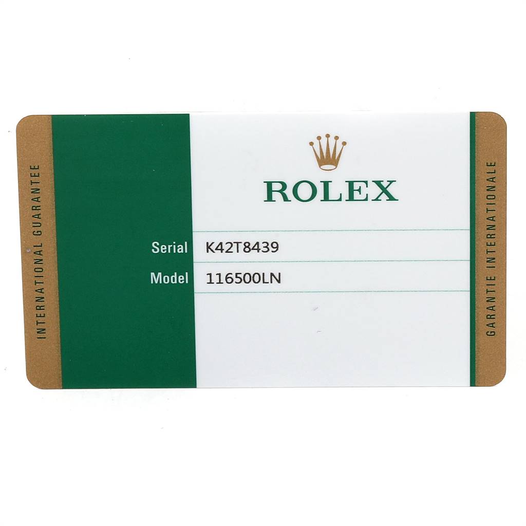 The image shows the international guarantee card for the Rolex Daytona 116500 Men's Stainless Steel White Dial 116500 Men's Stainless Steel White Dial model with serial number K42T8439 and model number 116500LN.