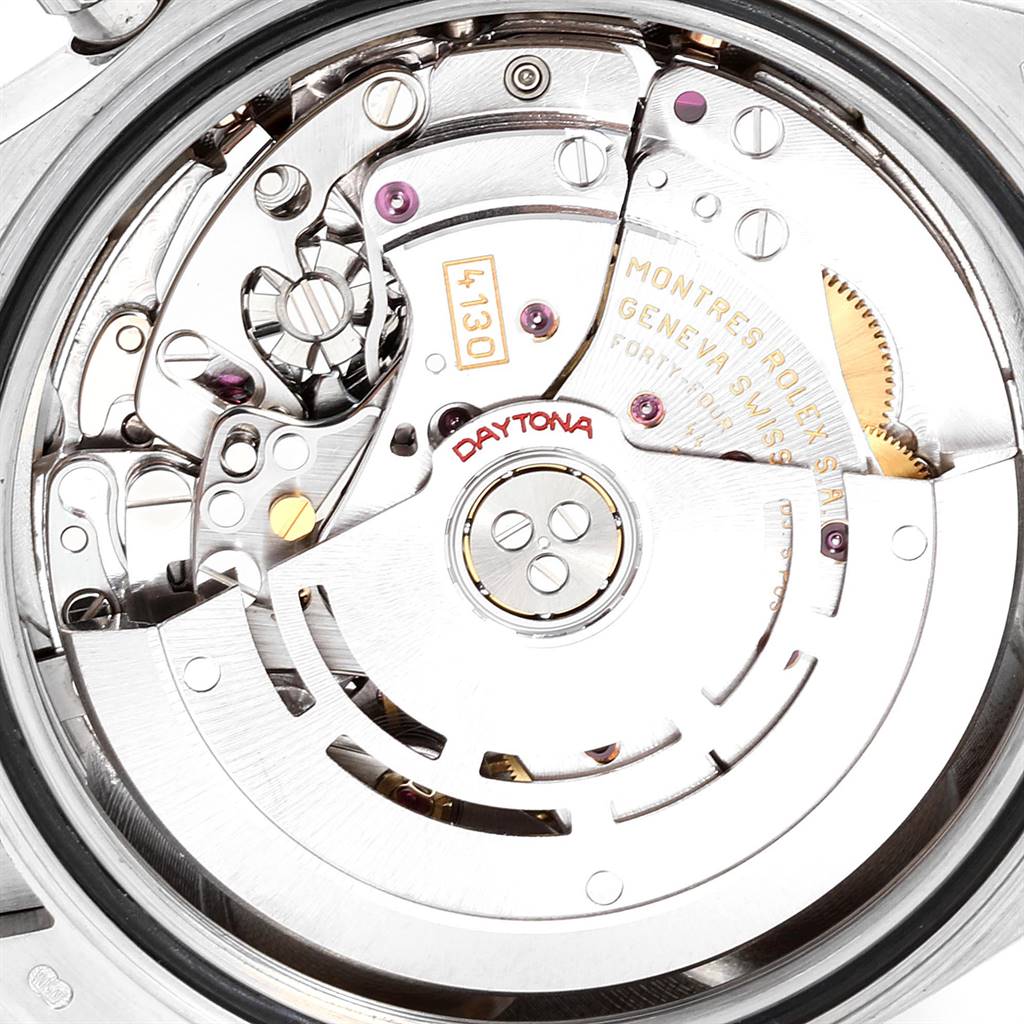 The image shows a close-up view of the movement mechanism of a Rolex Daytona 116519 Men's White Gold Silver Dial 116519 Men's White Gold Silver Dial watch.