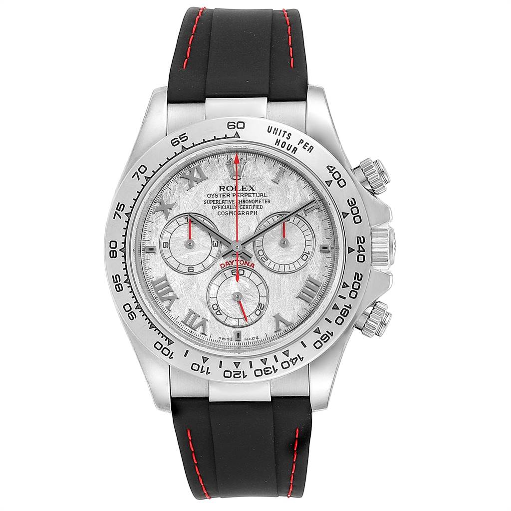 The image shows a frontal view of a Rolex Daytona 116519 Men's White Gold Silver Dial 116519 Men's White Gold Silver Dial watch, displaying the dial, bezel, and pushers, with a black strap and red stitching.