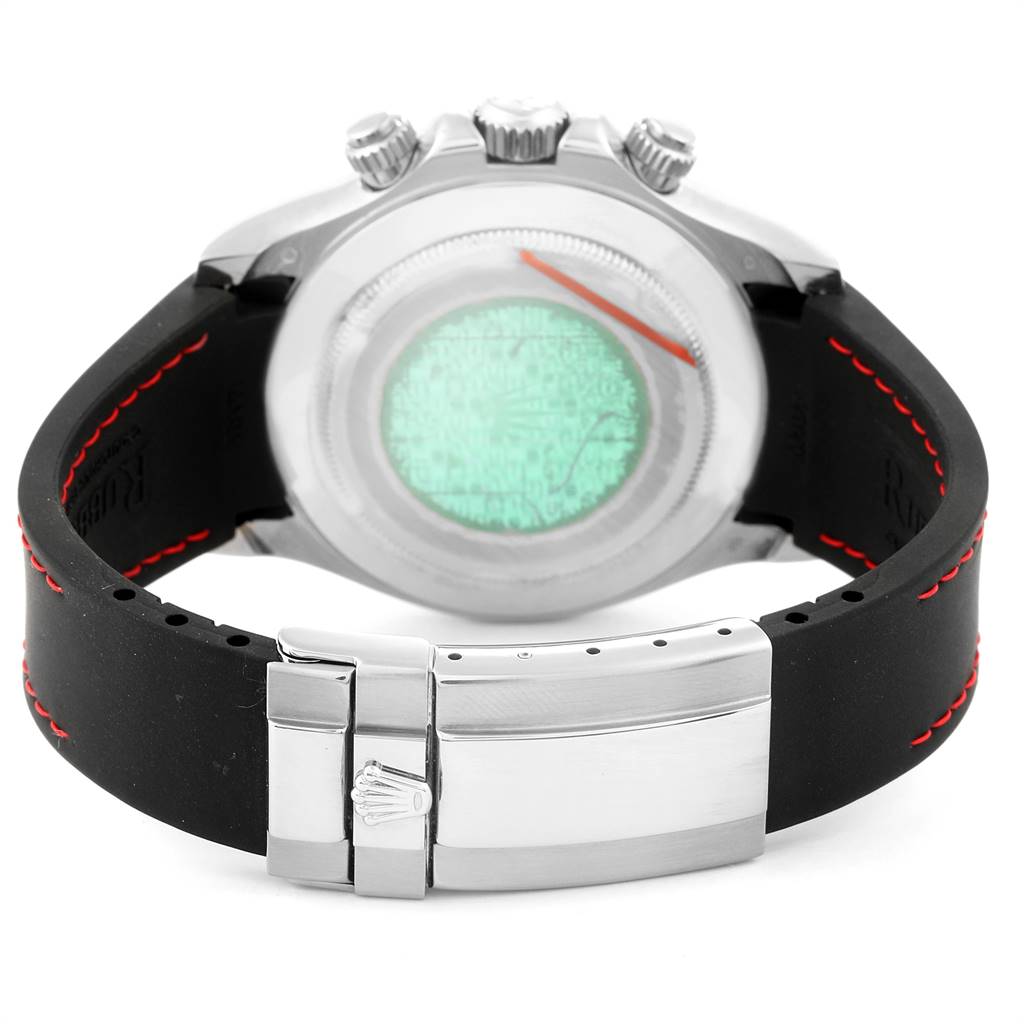 The image shows the back case and black strap with clasp of a Rolex Daytona 116519 Men's White Gold Silver Dial 116519 Men's White Gold Silver Dial watch, viewed from the rear angle.