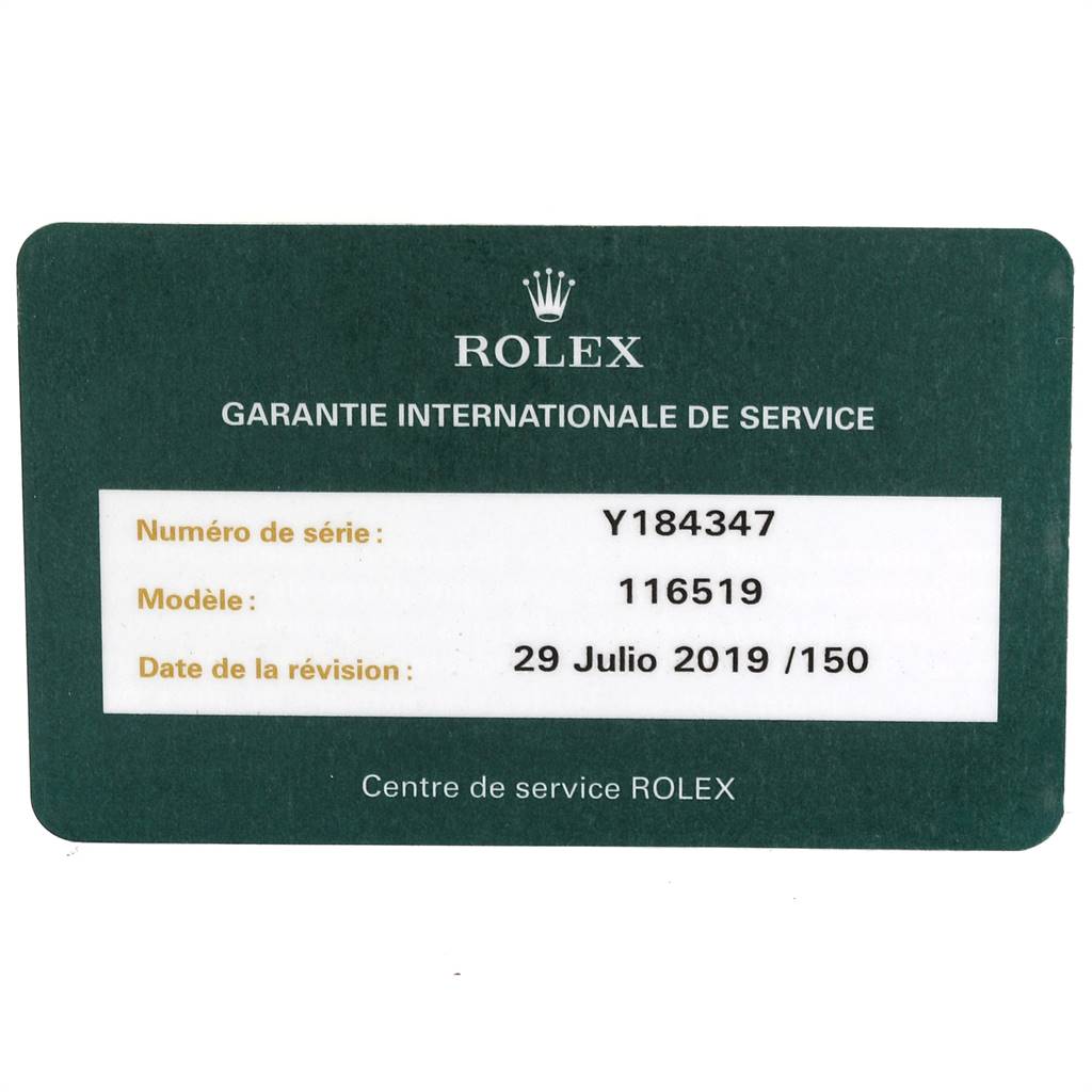 The image shows the international service warranty card for the Rolex Daytona 116519 Men's White Gold Silver Dial 116519 Men's White Gold Silver Dial model 116519.