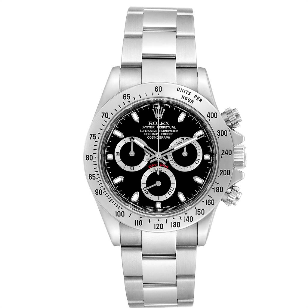 The image shows a front view of the Rolex Daytona 116520 Men's Stainless Steel Black Dial 116520 Men's Stainless Steel Black Dial watch with a steel bracelet and black dial with chronograph subdials.