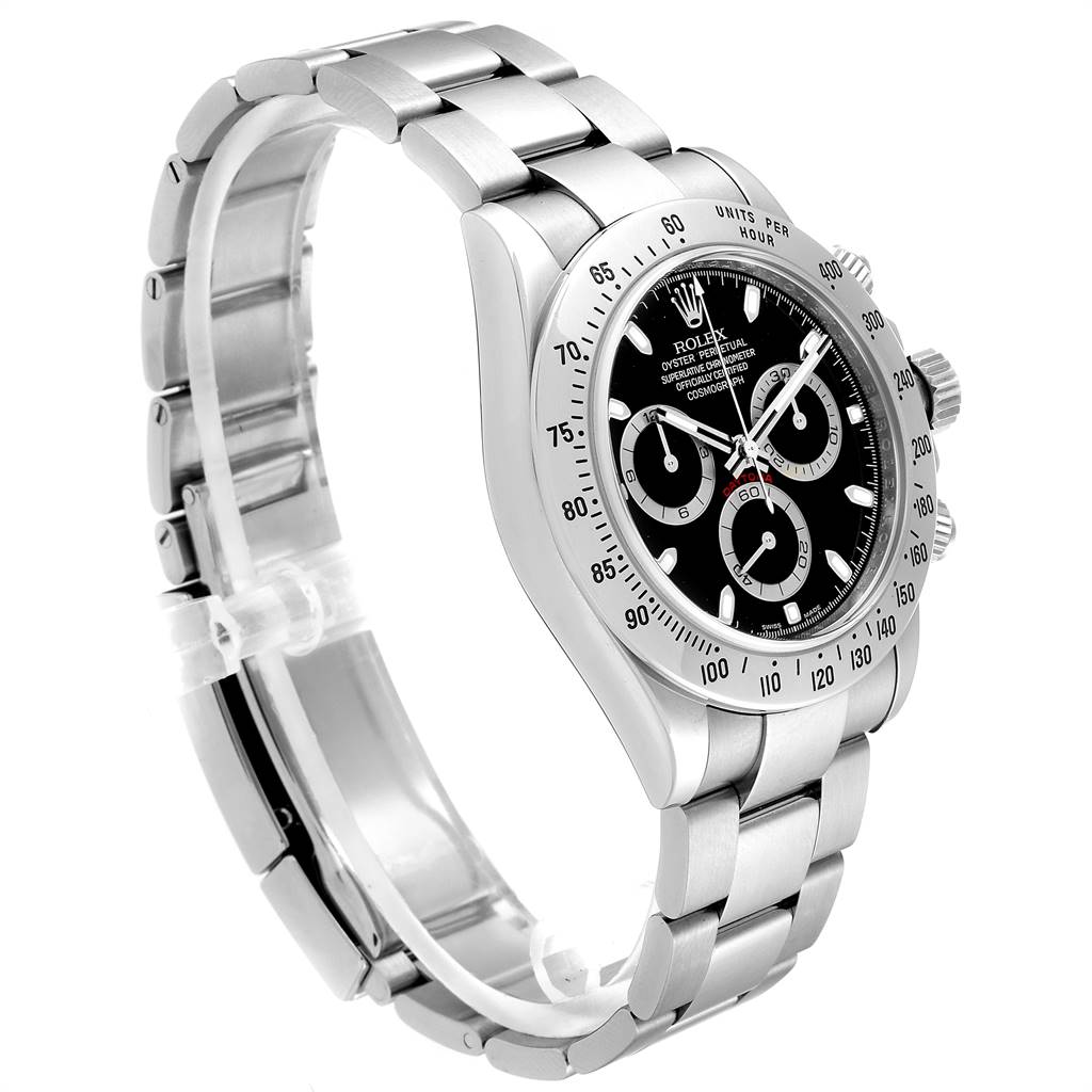 The image shows a side angle of a Rolex Daytona 116520 Men's Stainless Steel Black Dial 116520 Men's Stainless Steel Black Dial watch, highlighting the bracelet, bezel, and chronograph subdials.