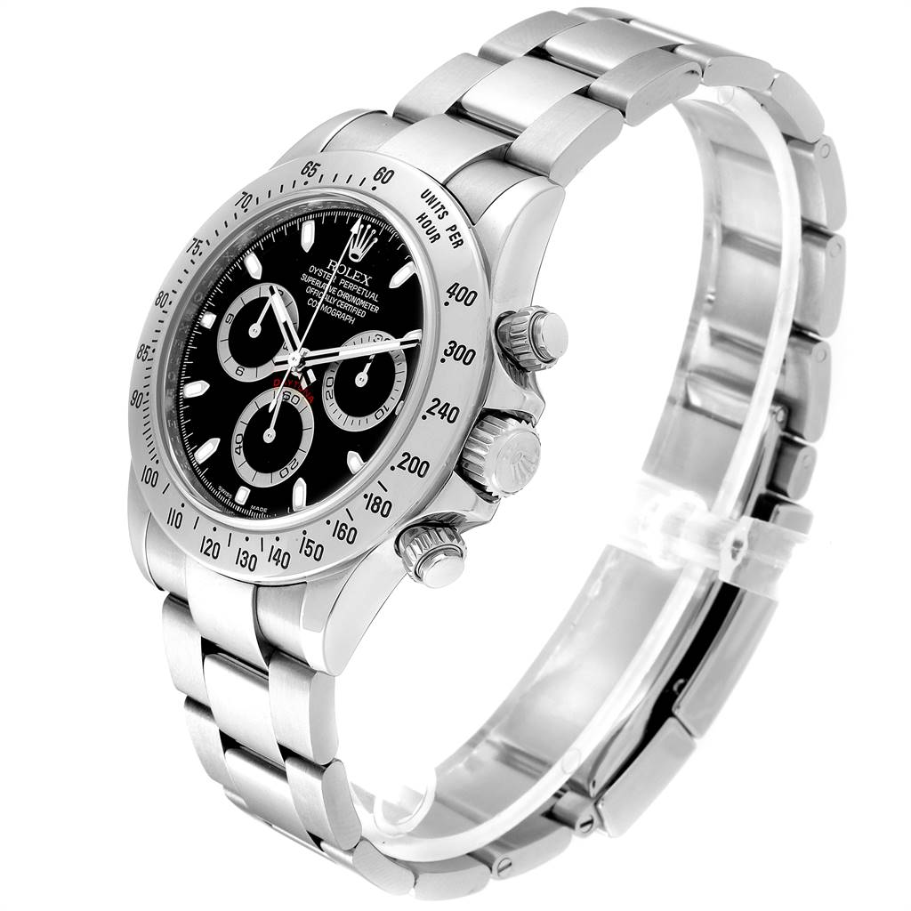 The image shows a side angle of the Rolex Daytona 116520 Men's Stainless Steel Black Dial 116520 Men's Stainless Steel Black Dial watch, highlighting its dial, bezel, bracelet, and chronograph pushers.