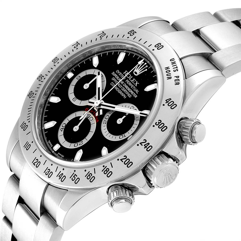 The image shows a close-up angle of the Rolex Daytona 116520 Men's Stainless Steel Black Dial 116520 Men's Stainless Steel Black Dial watch, focusing on its dial, bezel, and crown.