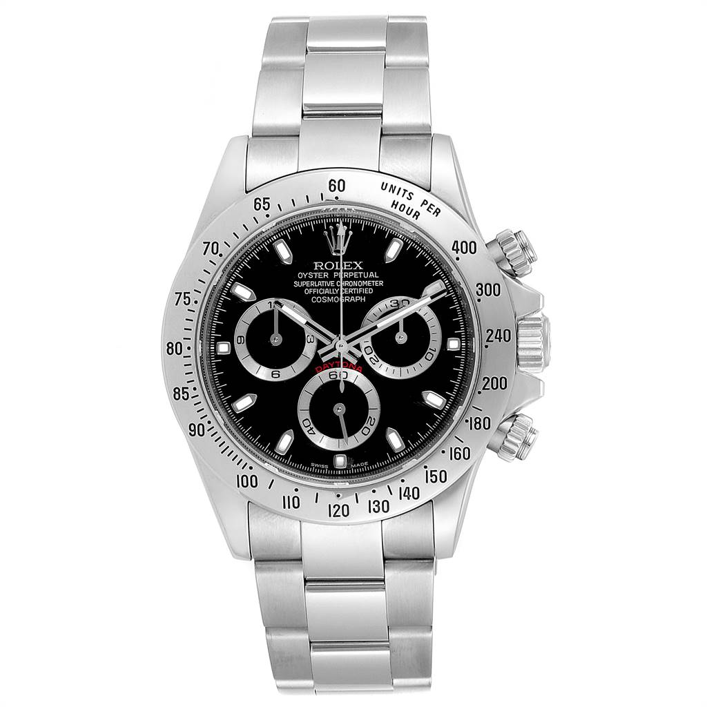 This image shows a front view of a Rolex Daytona 116520 Men's Stainless Steel Black Dial 116520 Men's Stainless Steel Black Dial watch, displaying its face, bezel, pushers, and stainless steel bracelet.