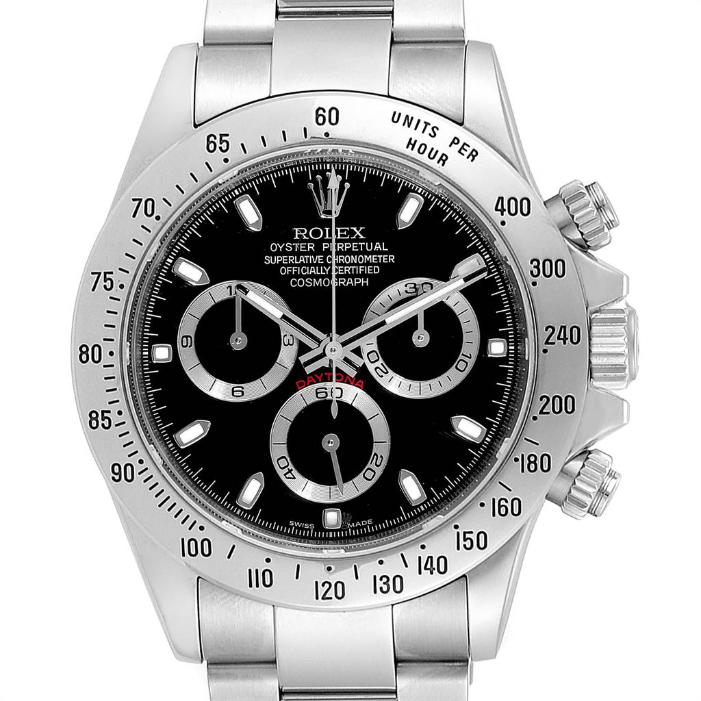 This image shows a front view of the Rolex Daytona 116520 Men's Stainless Steel Black Dial 116520 Men's Stainless Steel Black Dial watch, highlighting its dial, bezel, and chronograph subdials.