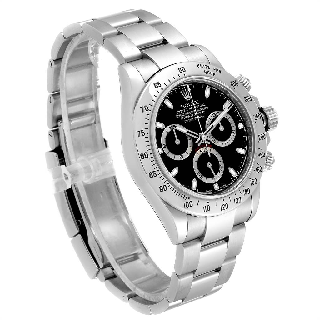 The image shows a Rolex Daytona 116520 Men's Stainless Steel Black Dial 116520 Men's Stainless Steel Black Dial watch, angled to display the face, bezel, and bracelet clearly.