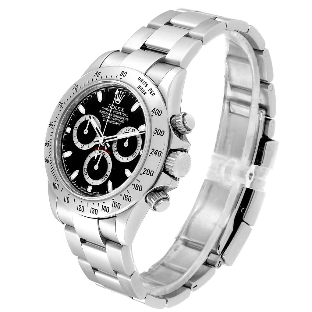 This image shows a Rolex Daytona 116520 Men's Stainless Steel Black Dial 116520 Men's Stainless Steel Black Dial watch taken at an angle highlighting its bracelet, bezel, and chronograph pushers.
