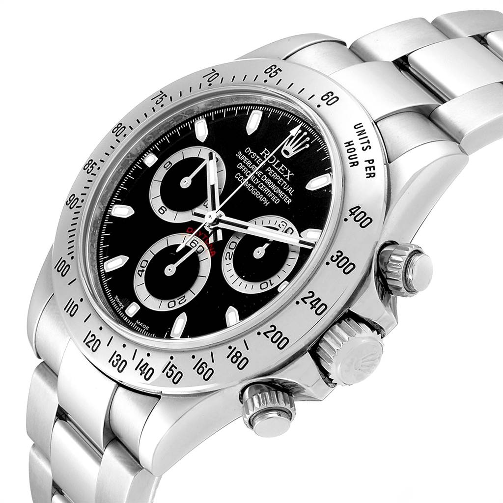 The image shows a close-up angled view of the Rolex Daytona 116520 Men's Stainless Steel Black Dial 116520 Men's Stainless Steel Black Dial watch, including the dial, bezel, and part of the bracelet.