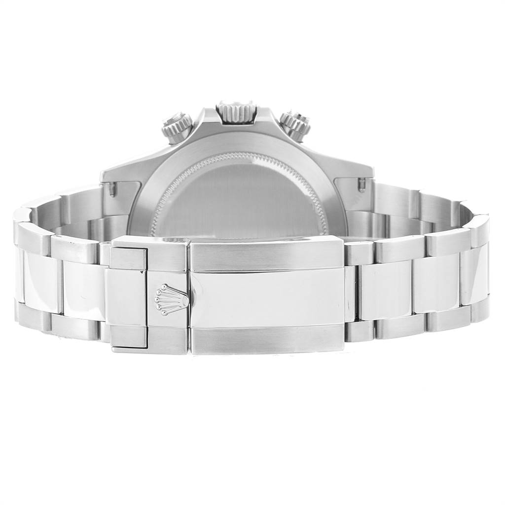 The image shows the back view of a Rolex Daytona 116520 Men's Stainless Steel Black Dial 116520 Men's Stainless Steel Black Dial watch, highlighting its clasp, bracelet, and case back.