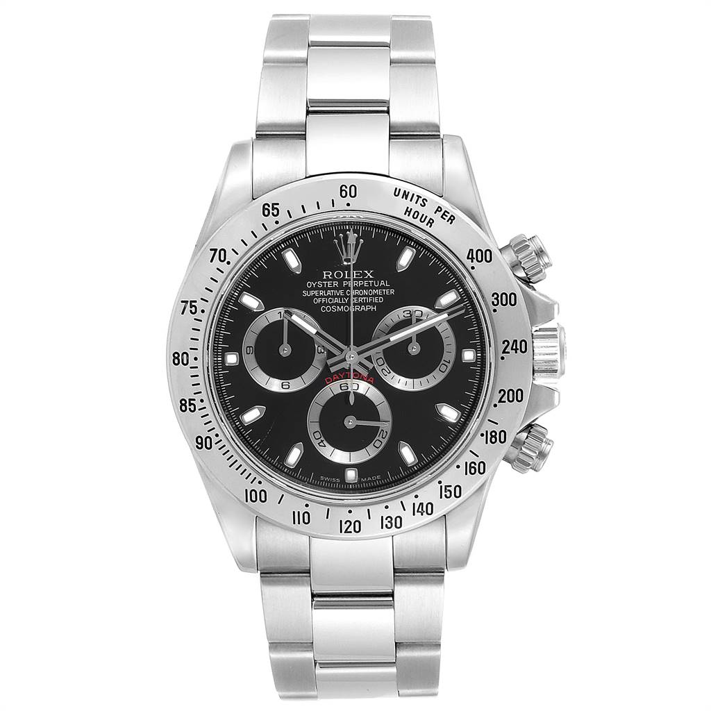 The image shows a frontal view of a Rolex Daytona 116520 Men's Stainless Steel Black Dial 116520 Men's Stainless Steel Black Dial watch, highlighting the dial, bezel, and the stainless steel bracelet.