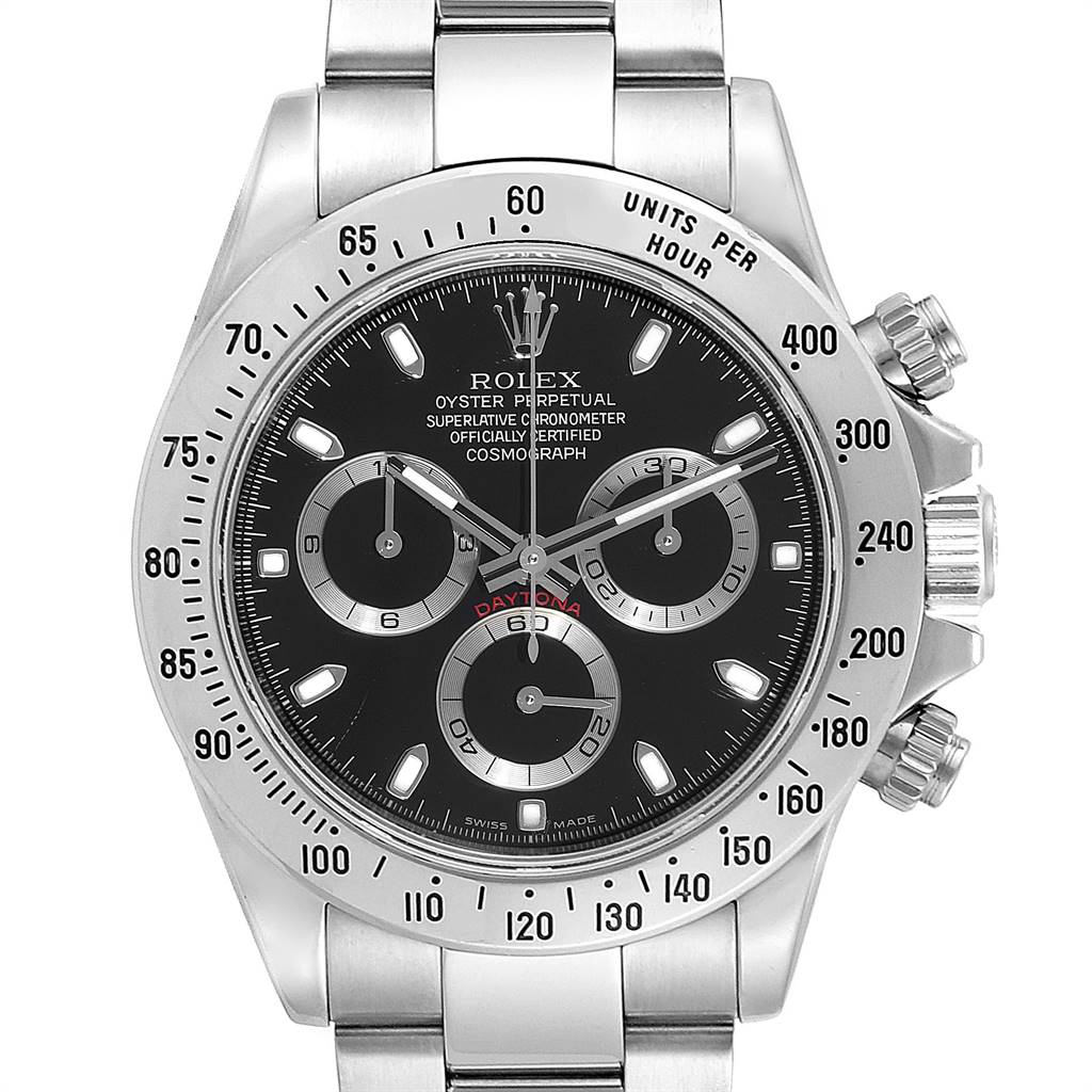 The image shows a front view of a Rolex Daytona 116520 Men's Stainless Steel Black Dial 116520 Men's Stainless Steel Black Dial watch, highlighting the face, bezel, and chronograph subdials.