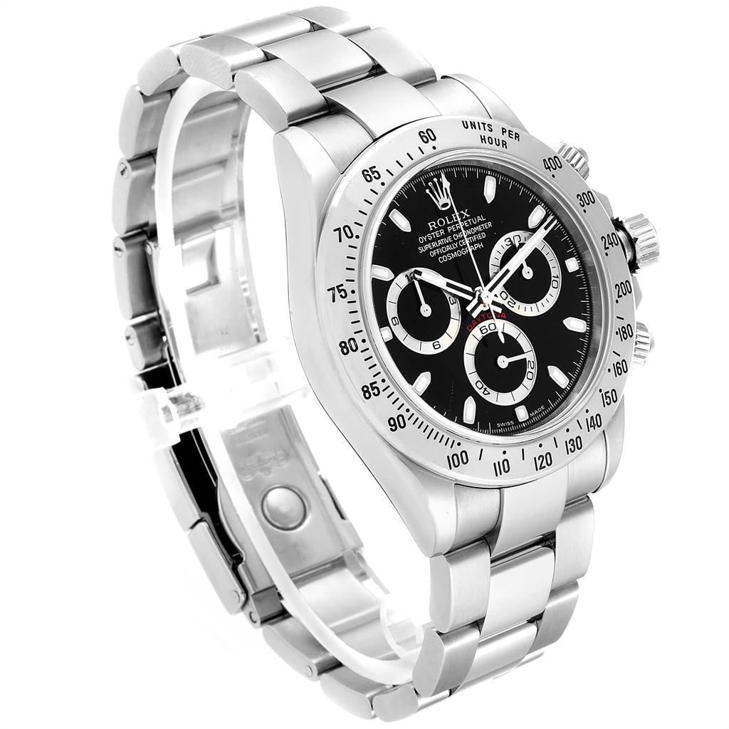 The image shows a Rolex Daytona 116520 Men's Stainless Steel Black Dial 116520 Men's Stainless Steel Black Dial watch with a steel bracelet, black dial, and side view highlighting its bezel, crown, and pushers.