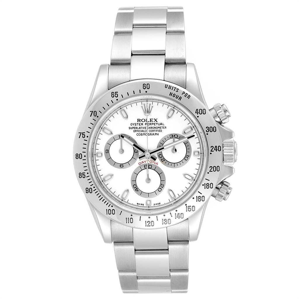 The image shows a front view of a Rolex Daytona 116520 Men's Stainless Steel White Dial 116520 Men's Stainless Steel White Dial watch, highlighting its face, bezel, and stainless steel bracelet.