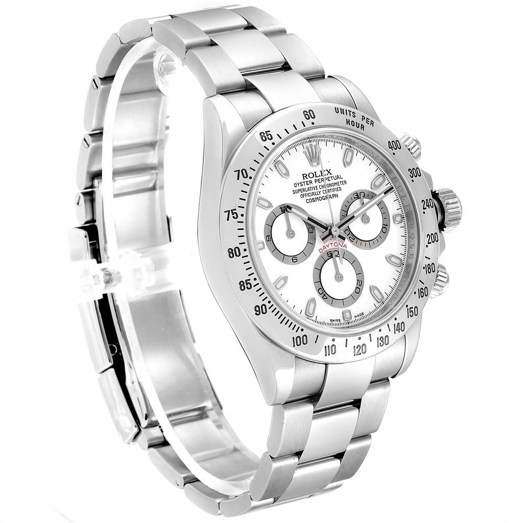 The image shows a Rolex Daytona 116520 Men's Stainless Steel White Dial 116520 Men's Stainless Steel White Dial watch at a three-quarter angle showcasing the face, bezel, and part of the bracelet.