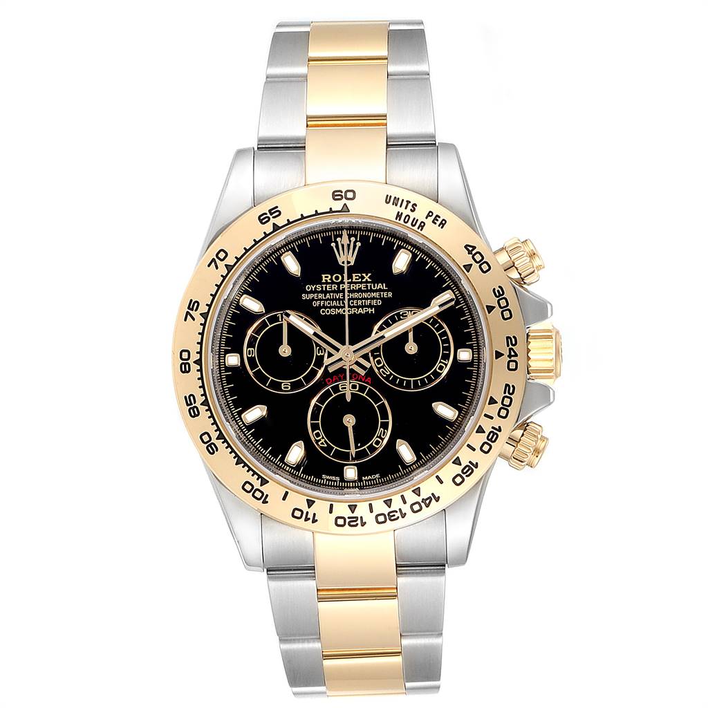 This image shows a frontal view of a Rolex Daytona 116503 Men's Steel and Gold (two tone) Black Dial 116503 Men's Steel and Gold (two tone) Black Dial watch, highlighting its dial, bezel, and two-tone bracelet.