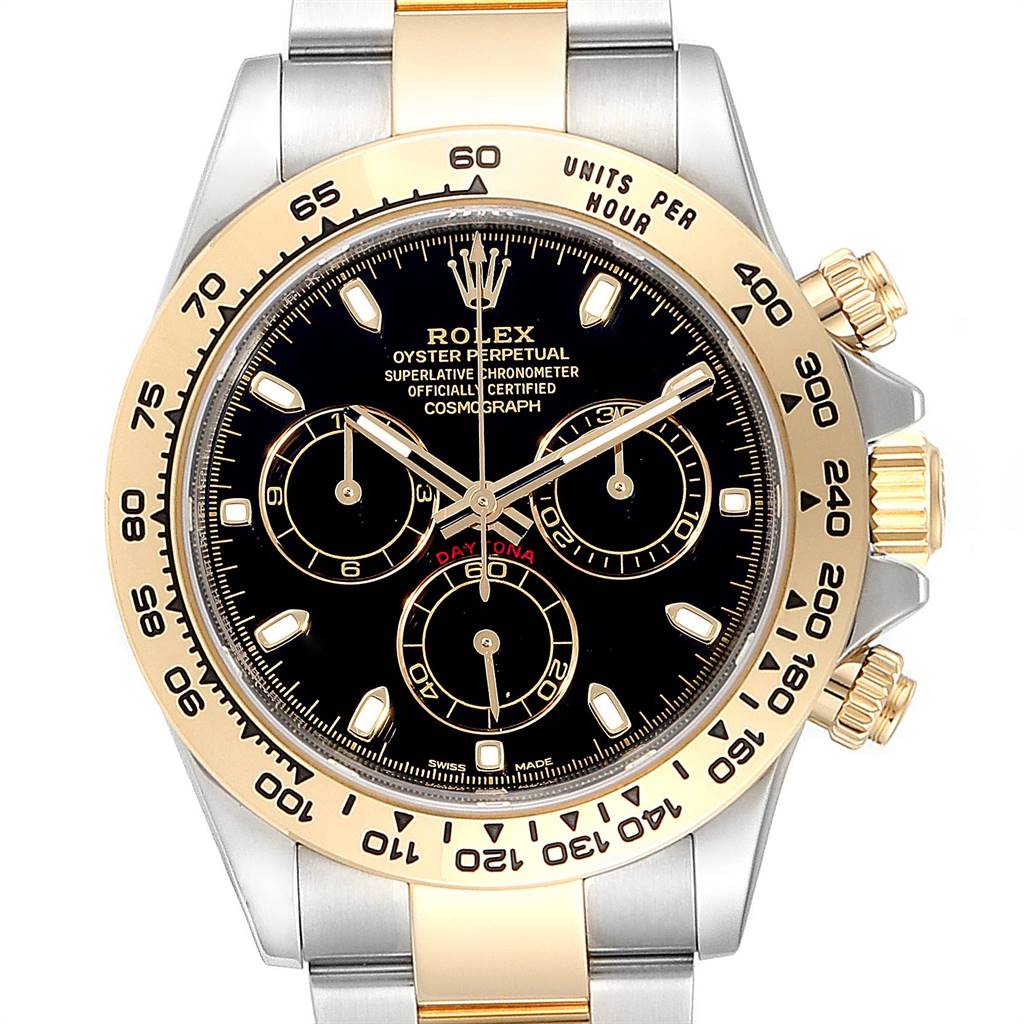The image shows a front view of a Rolex Daytona 116503 Men's Steel and Gold (two tone) Black Dial 116503 Men's Steel and Gold (two tone) Black Dial watch, highlighting its dial, bezel, and bracelet details.