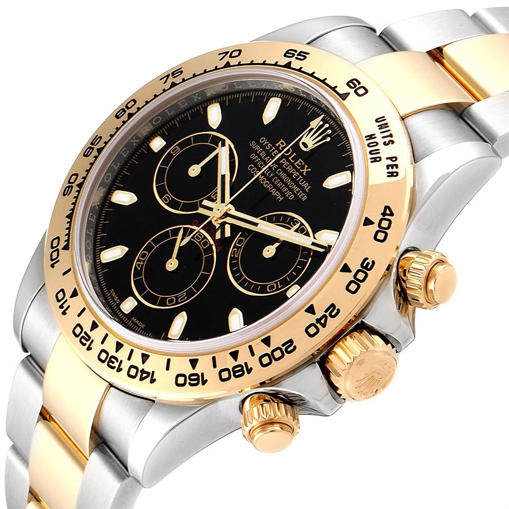 This Rolex Daytona 116503 Men's Steel and Gold (two tone) Black Dial 116503 Men's Steel and Gold (two tone) Black Dial watch is shown from an angled view, displaying its bezel, dial, and two-tone bracelet prominently.
