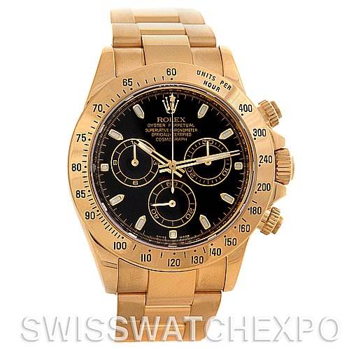 This image shows a Rolex Daytona 116528 Men's Yellow Gold Black Dial 116528 Men's Yellow Gold Black Dial watch in a frontal angle, highlighting its black dial, gold case, and bracelet.