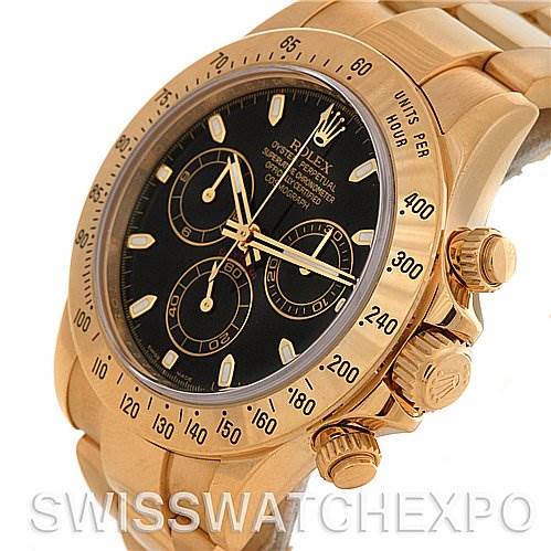 The image shows a close-up view of a Rolex Daytona 116528 Men's Yellow Gold Black Dial 116528 Men's Yellow Gold Black Dial watch, highlighting the face, bezel, and side buttons.