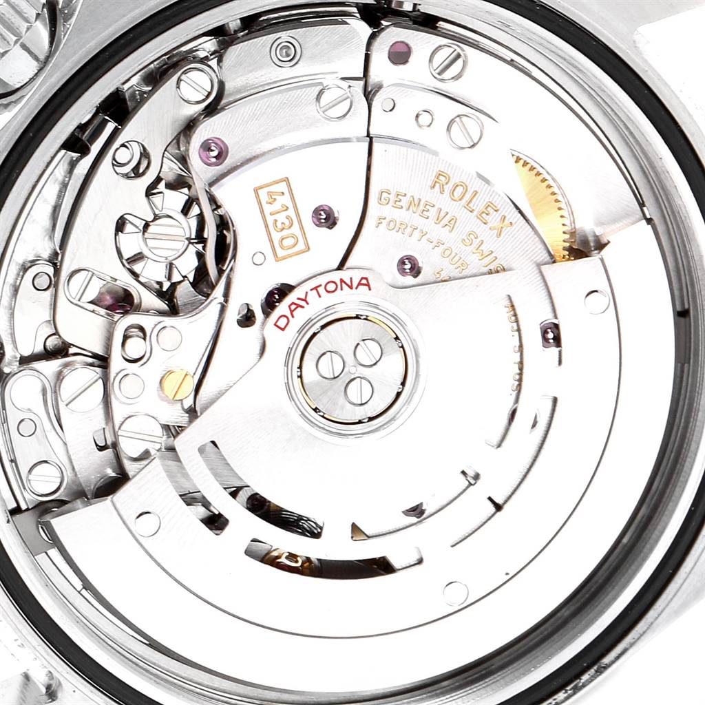 This image shows the back view of the Rolex Daytona 116500 Men's Stainless Steel Black Dial 116500 Men's Stainless Steel Black Dial watch, revealing its intricate mechanical movement.