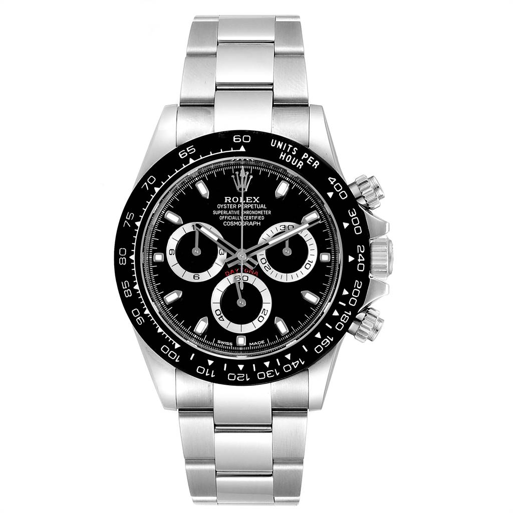 The image shows a front view of a Rolex Daytona 116500 Men's Stainless Steel Black Dial 116500 Men's Stainless Steel Black Dial watch, highlighting its black dial, chronographs, and stainless steel bracelet.
