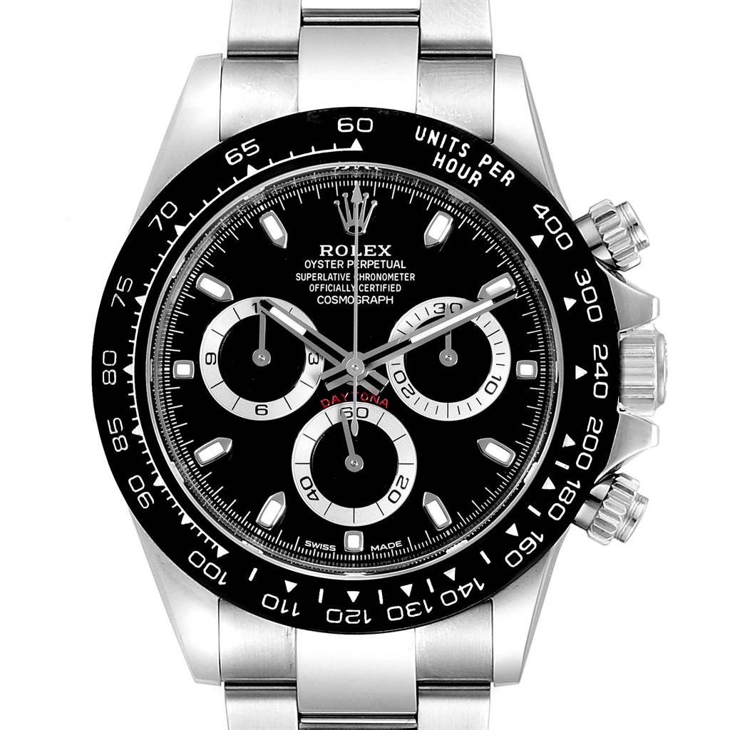 The image shows a front angle view of a Rolex Daytona 116500 Men's Stainless Steel Black Dial 116500 Men's Stainless Steel Black Dial watch, displaying the dial, bezel, and part of the bracelet.