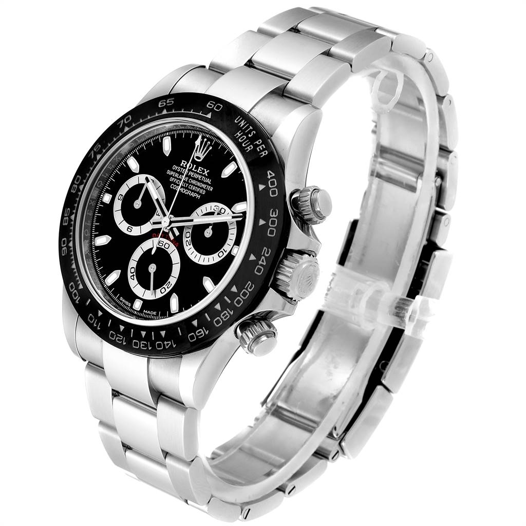 This image shows a side angle of a Rolex Daytona 116500 Men's Stainless Steel Black Dial 116500 Men's Stainless Steel Black Dial watch, highlighting its face, bezel, crown, and bracelet.