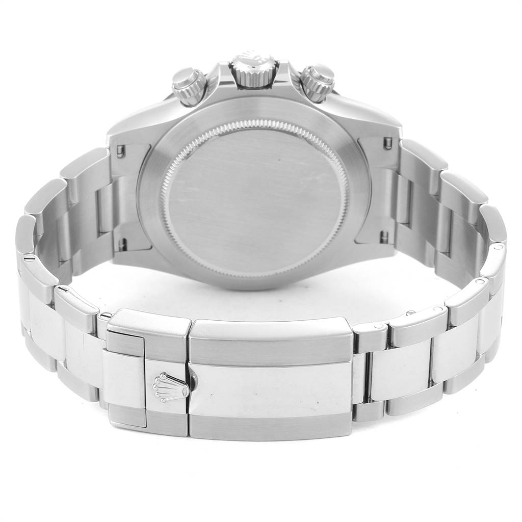 This image shows the back case and bracelet clasp of a Rolex Daytona 116500 Men's Stainless Steel Black Dial 116500 Men's Stainless Steel Black Dial watch from a rear angle.