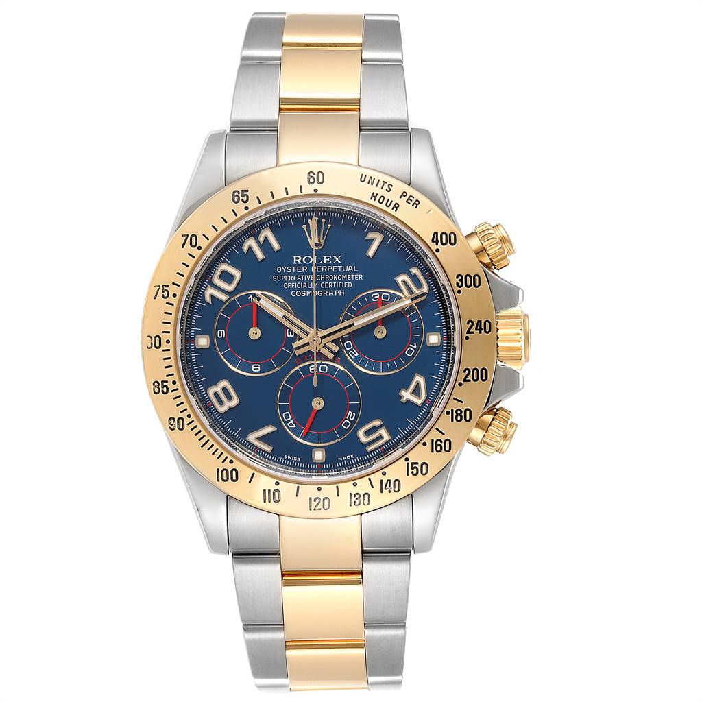 This Rolex Daytona 116523 Men's Steel and Gold (two tone) Blue Dial 116523 Men's Steel and Gold (two tone) Blue Dial watch is shown from a front angle, featuring the dial, bezel, and bracelet with gold and silver detailing.