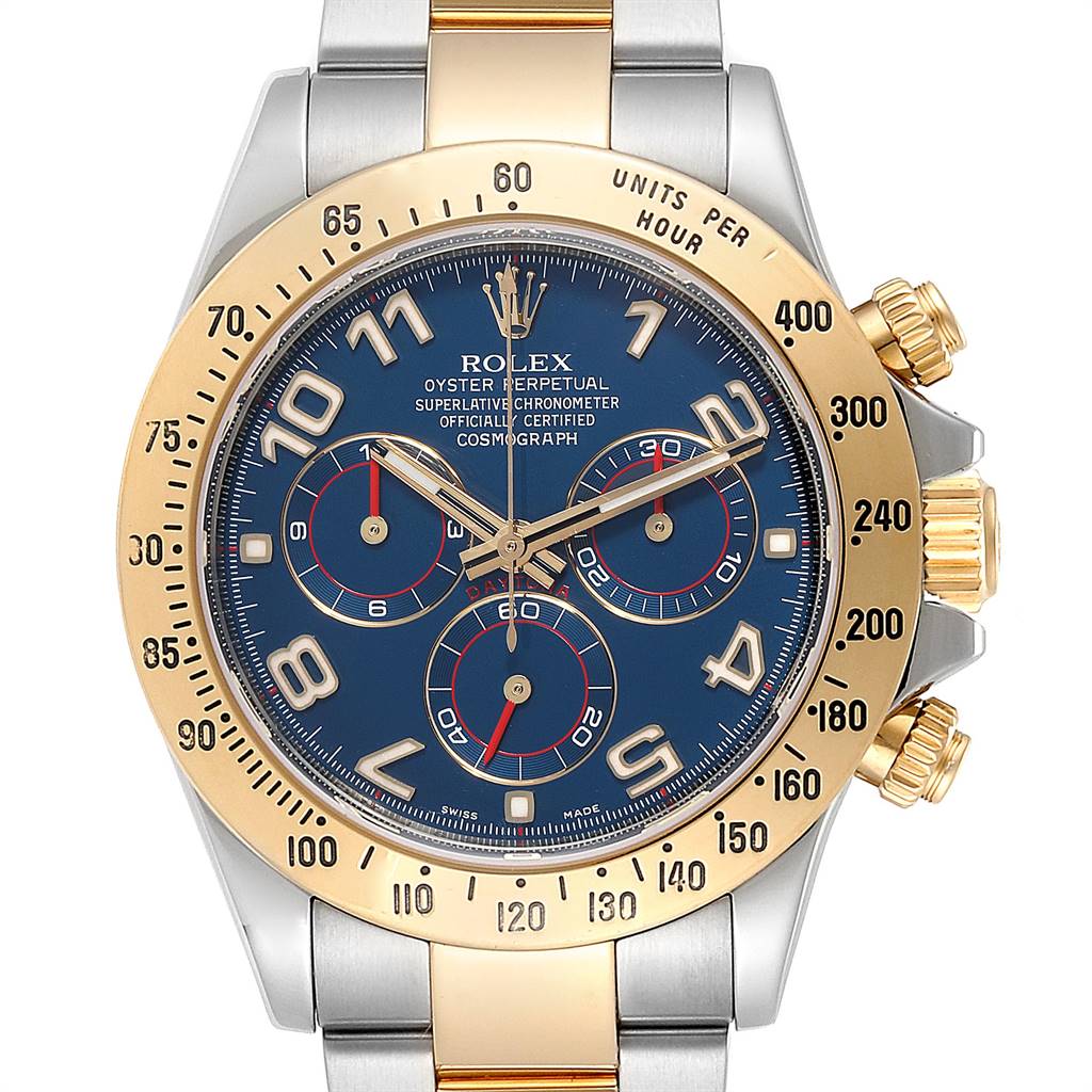 This image shows the face and bezel of a Rolex Daytona 116523 Men's Steel and Gold (two tone) Blue Dial 116523 Men's Steel and Gold (two tone) Blue Dial watch, with gold accents and a blue dial.