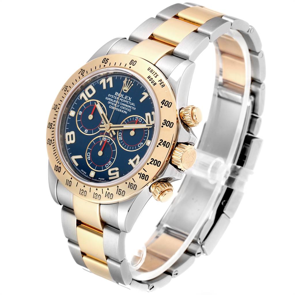This image shows the Rolex Daytona 116523 Men's Steel and Gold (two tone) Blue Dial 116523 Men's Steel and Gold (two tone) Blue Dial watch at a three-quarter angle, highlighting the dial, bezel, pushers, and bracelet.