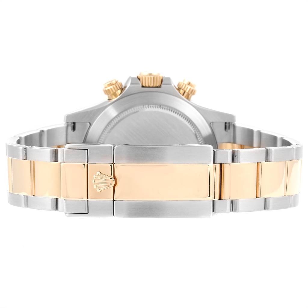 The image shows the back view and clasp of the two-tone bracelet of a Rolex Daytona 116523 Men's Steel and Gold (two tone) Blue Dial 116523 Men's Steel and Gold (two tone) Blue Dial watch.