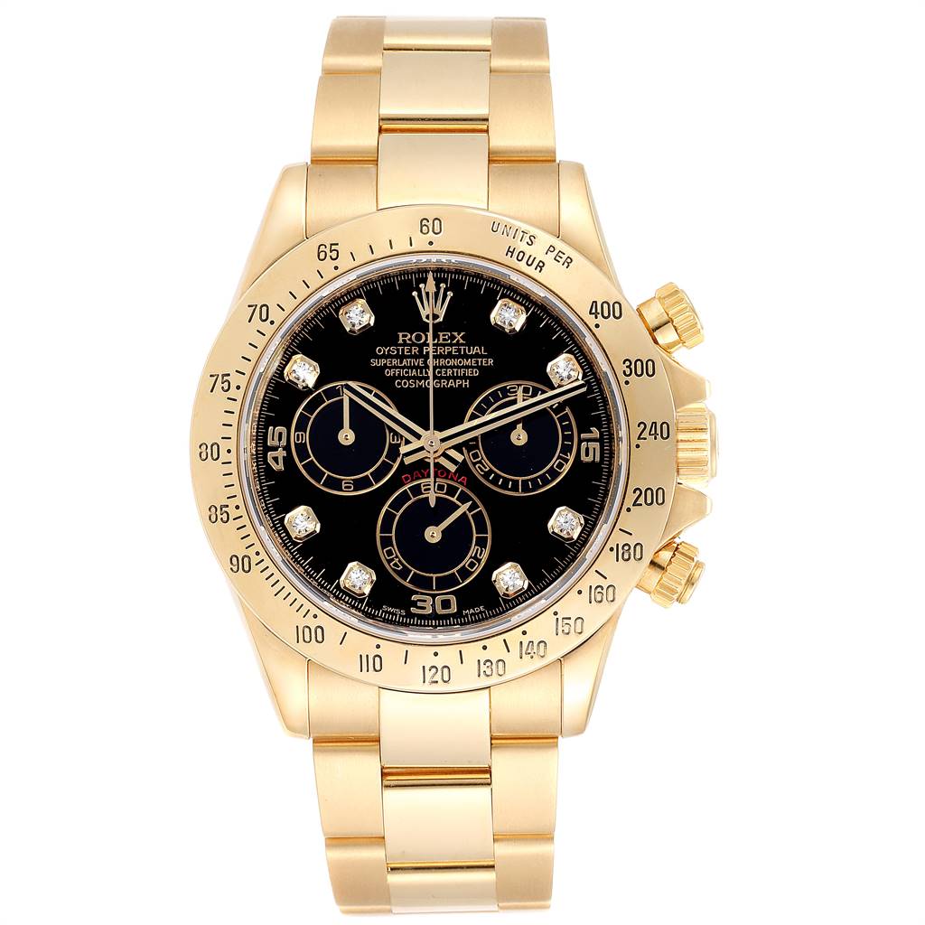 This image shows a frontal view of a Rolex Daytona 116528 Men's Yellow Gold Black Dial 116528 Men's Yellow Gold Black Dial watch, highlighting the black dial, diamond markers, chronograph sub-dials, and gold bracelet.